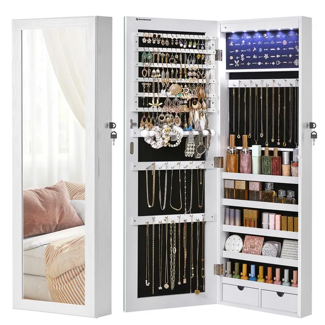 songmics-schmuckschrank-h-ngend-mit-wandspiegel-und-6-leds-wei image 1