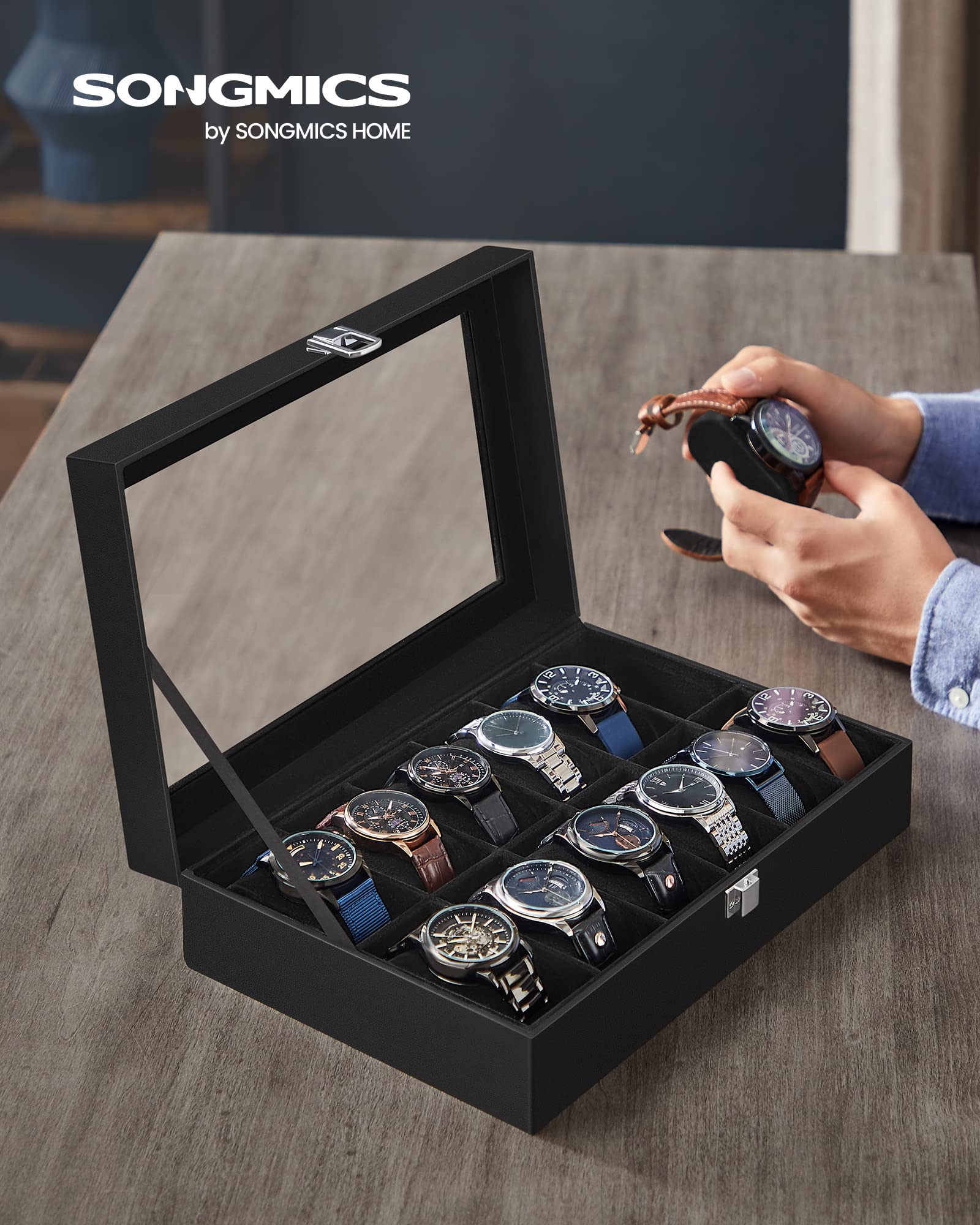 songmics-uhrenbox-jwb12b-mit-12-f-chern-und-glasdeckel-schwarz image 2