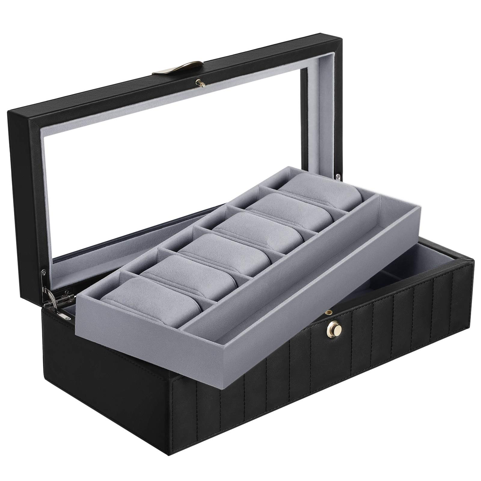 songmics-uhrenbox-f-r-6-uhren-2-ebenen-mit-glasdeckel-schwarz-jwb022bk image 1