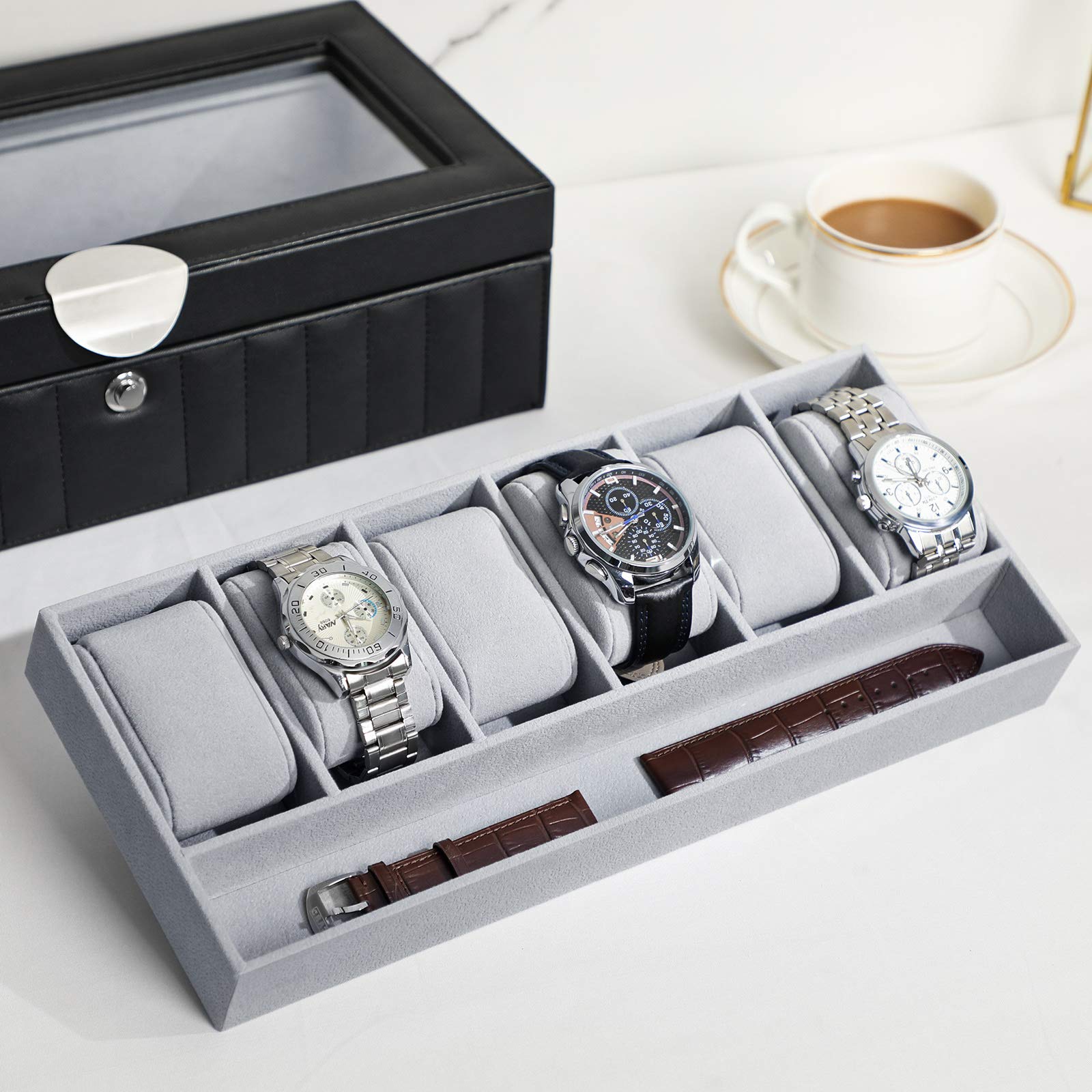 songmics-uhrenbox-f-r-6-uhren-2-ebenen-mit-glasdeckel-schwarz-jwb022bk image 3