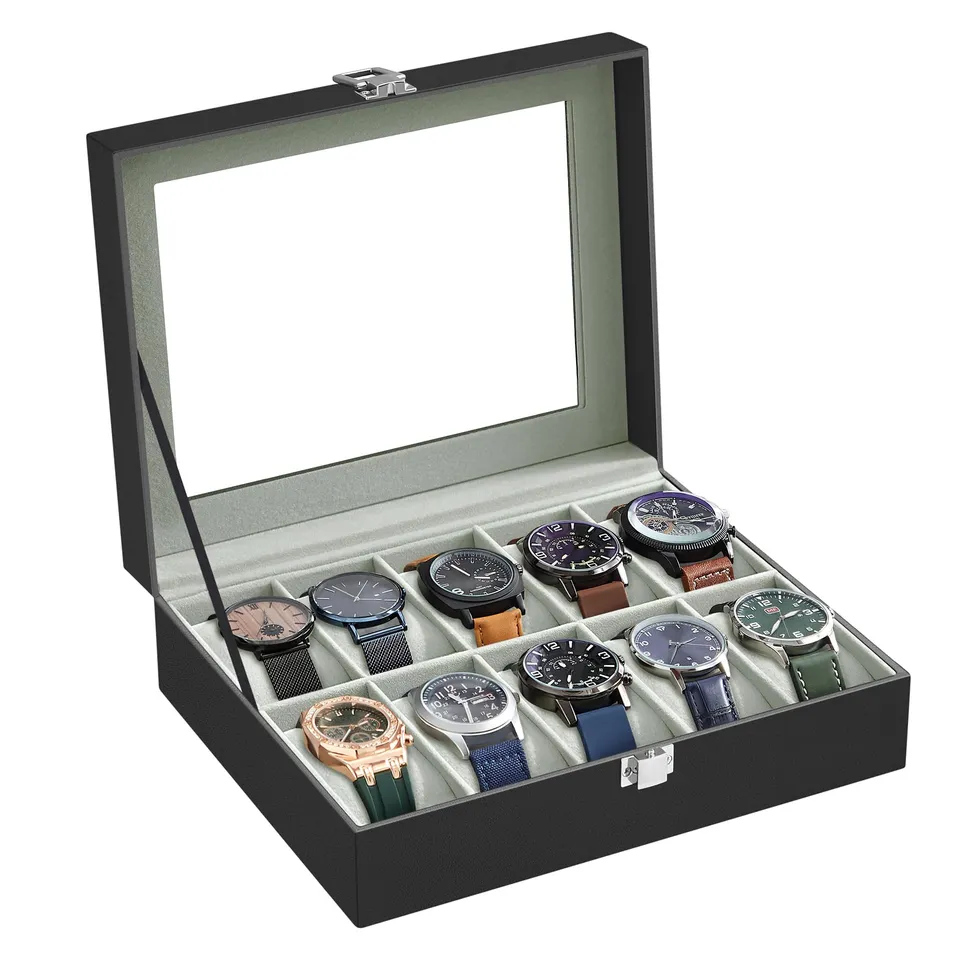 songmics-jwb010bk-uhrenbox-10-f-cher-mit-glasdeckel-und-samt-pu-schwarz image 1