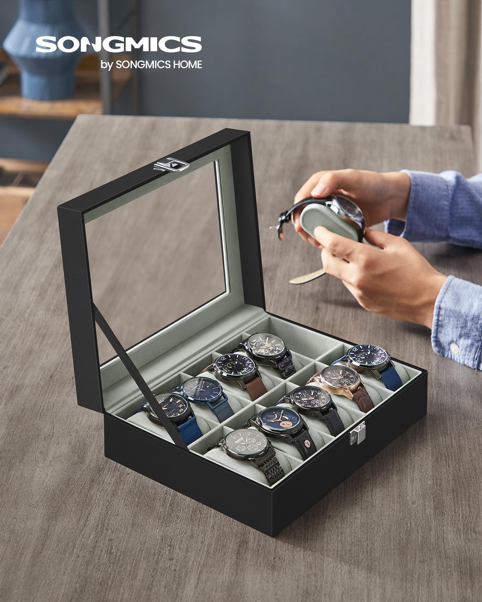 songmics-jwb010bk-uhrenbox-10-f-cher-mit-glasdeckel-und-samt-pu-schwarz image 2