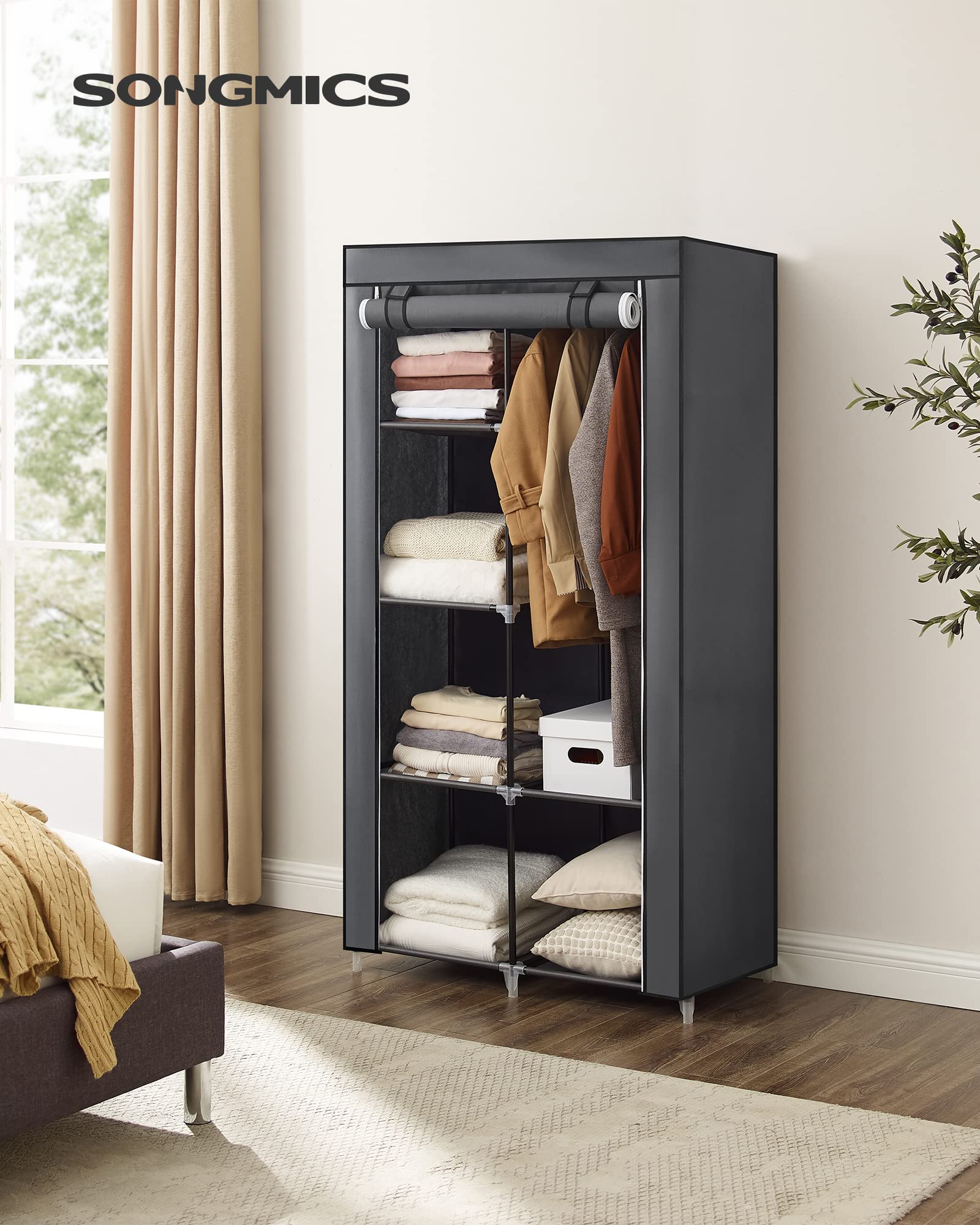 songmics-kleiderschrank-stoffschrank-ryg84g-grau-88-x-45-x-168-cm-mit-6-ablagen image 2