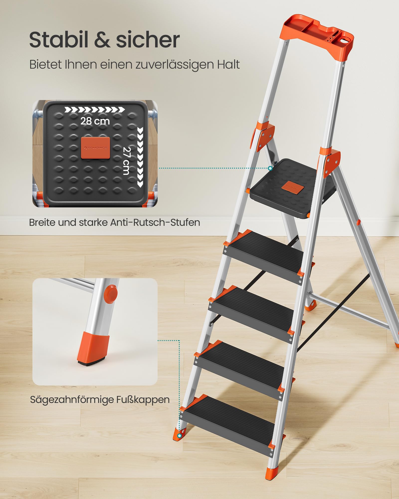 songmics-leiter-glt05bk-aluleiter-5-stufen-150-kg-schwarz-orange image 5