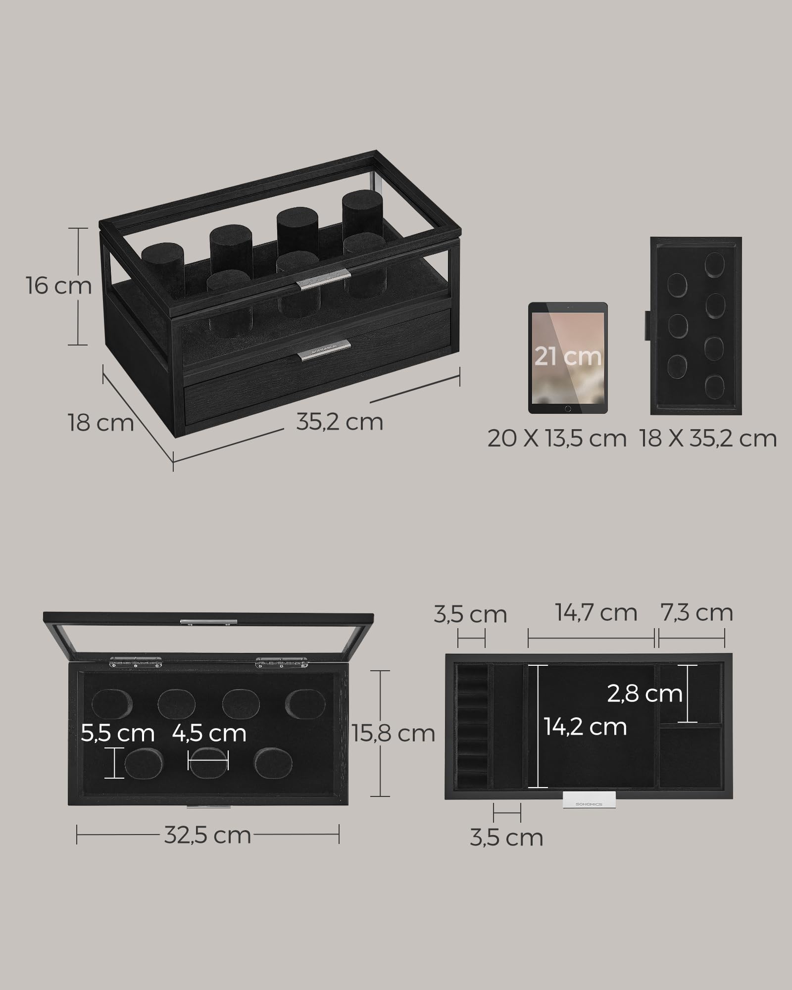songmics-uhrenbox-jow007b01-2-ebenen-f-r-7-uhren-mit-acryl-deckel-und-schublade- image 5