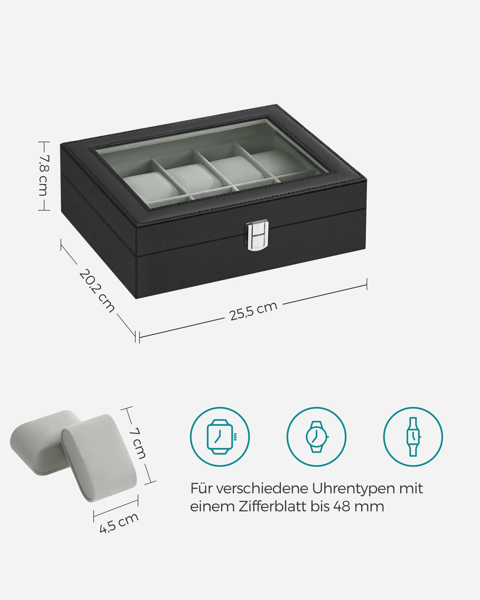 songmics-jwb010bk-uhrenbox-10-f-cher-mit-glasdeckel-und-samt-pu-schwarz image 6