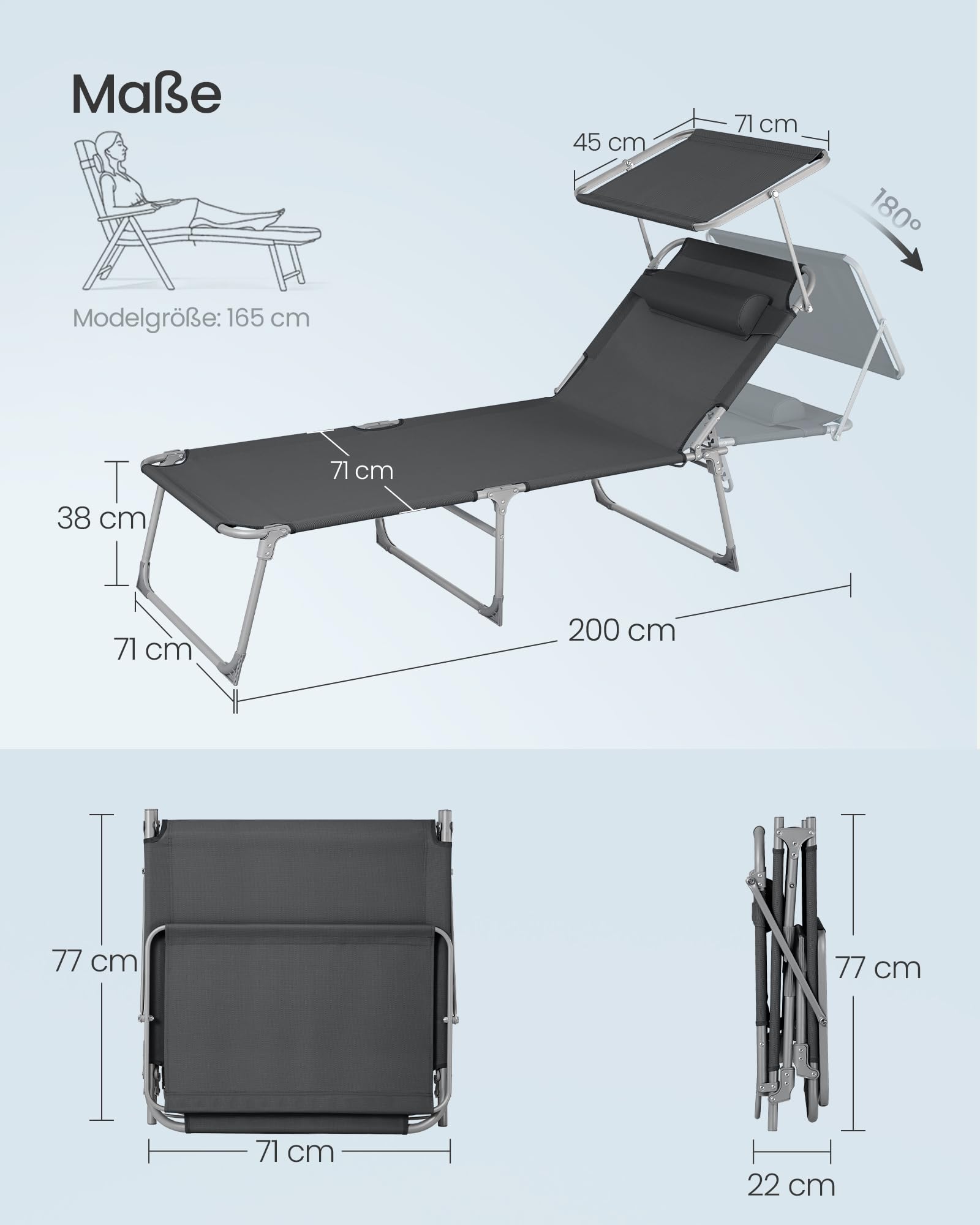 songmics-sonnenliege-klappbar-71x200x38-cm-150-kg-mit-sonnendach-anthrazit-gcb22 image 3