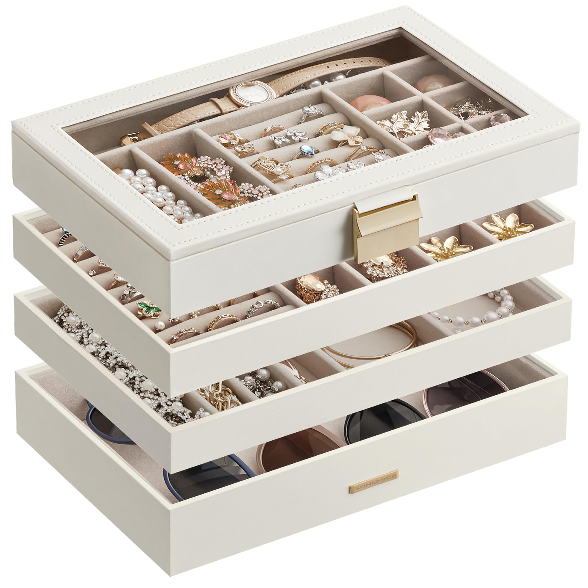 songmics-gisella-schmuckk-stchen-4-ebenen-stapelbar-mit-glasdeckel-wei-jbc164w01 image 1