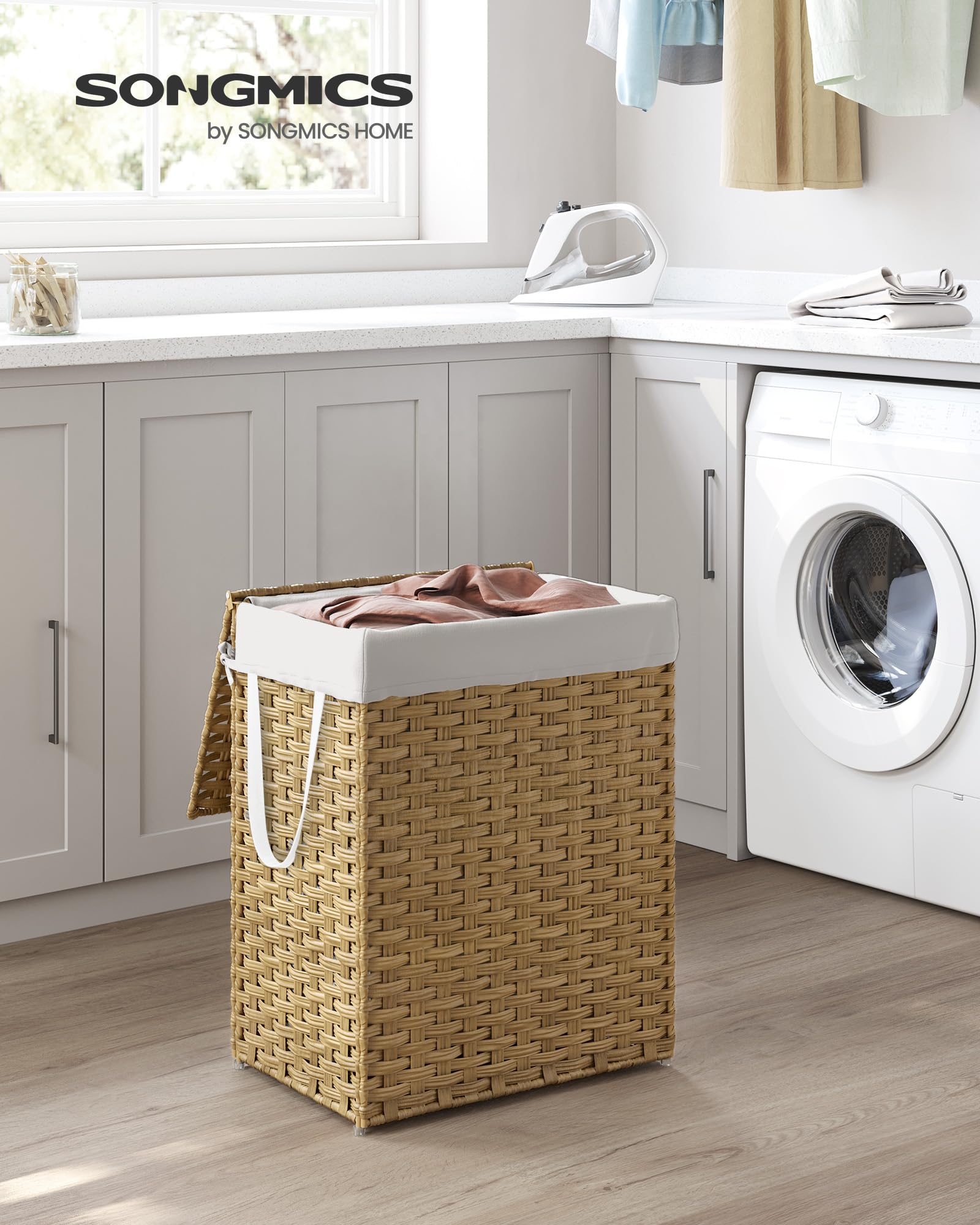 songmics-w-schekorb-schmal-90-l-faltbar-pp-rattan-mit-deckel-und-innensack image 2