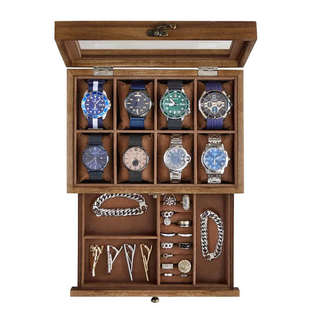 songmics-uhrenbox-gisella-jow008k01-walnussfarben-8-f-cher-mit-glasdeckel image 1