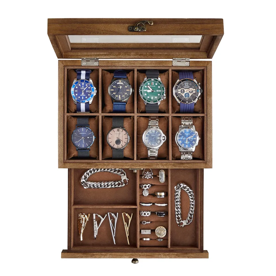 songmics-uhrenbox-gisella-jow008k01-walnussfarben-8-f-cher-mit-glasdeckel image 1