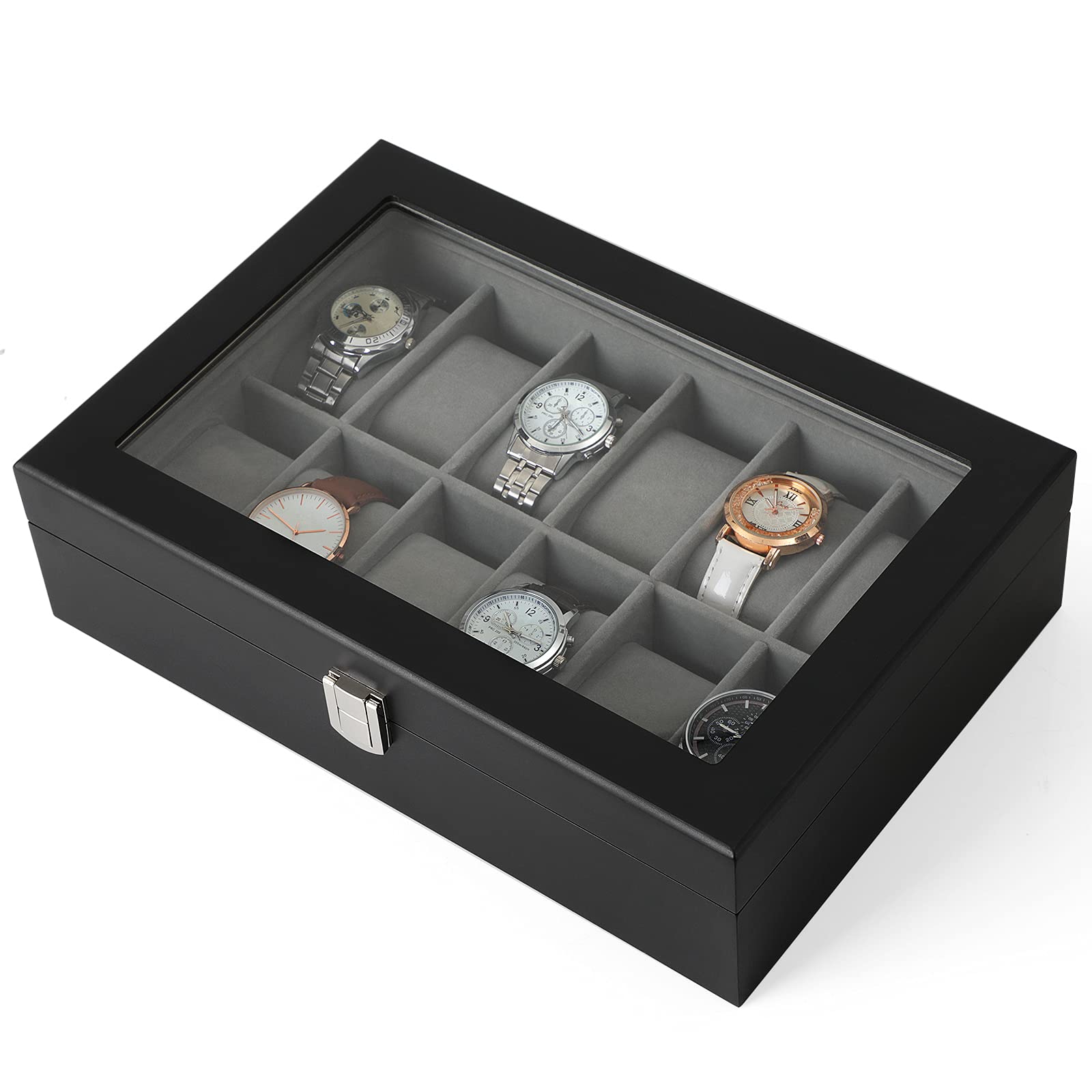 songmics-uhrenbox-12-f-cher-holz-schwarz-jow12bk-mit-glasdeckel image 3