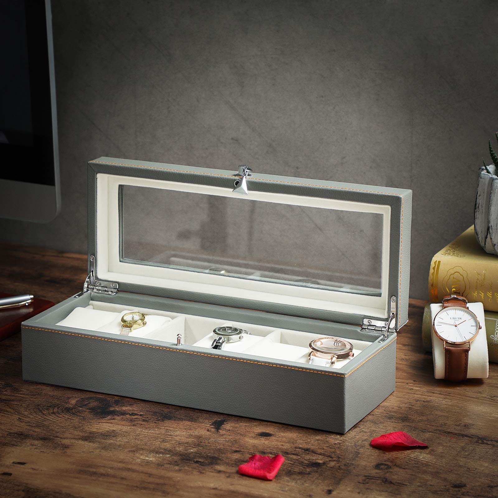 songmics-uhrenbox-jwb013gy-grau-uhrenkasten-mit-glasdeckel-f-r-6-uhren image 2