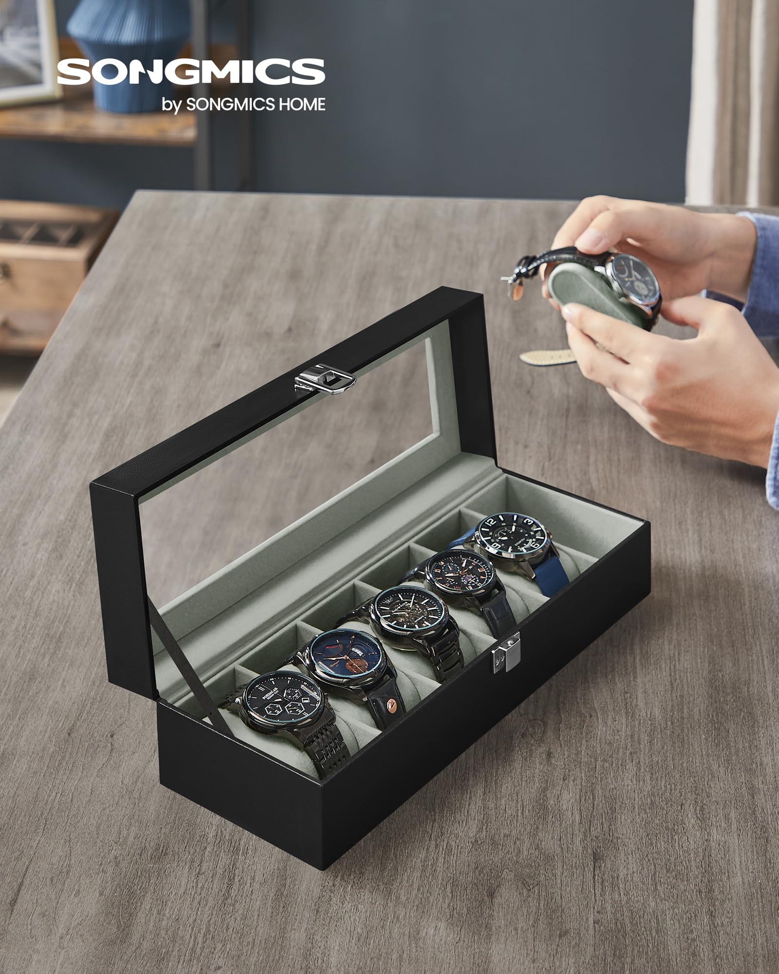 songmics-uhrenbox-mit-6-f-chern-glasdeckel-schwarz-jwb06bk image 2
