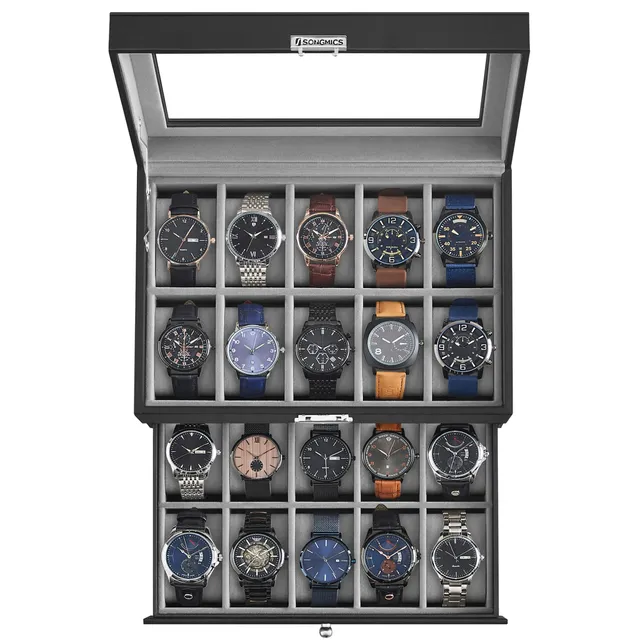 songmics-jwb020-uhrenbox-20-f-cher-2-ebenen-glasdeckel-schwarz image 1