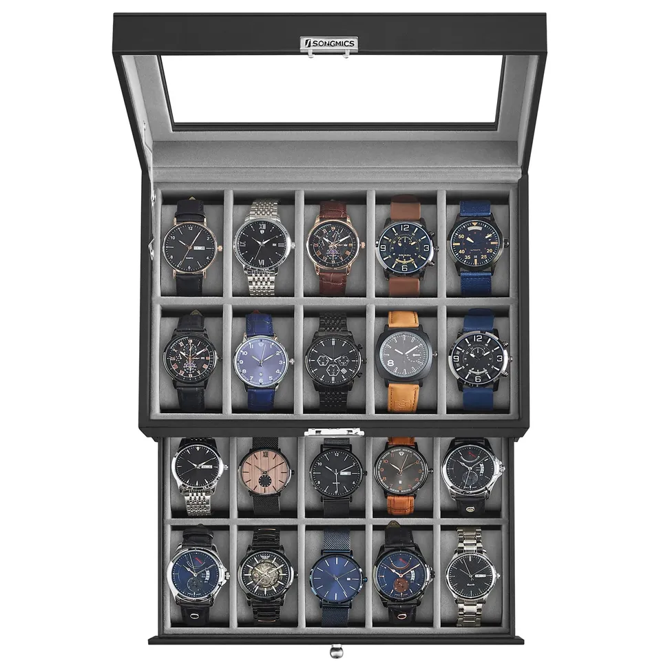songmics-jwb020-uhrenbox-20-f-cher-2-ebenen-glasdeckel-schwarz image 1
