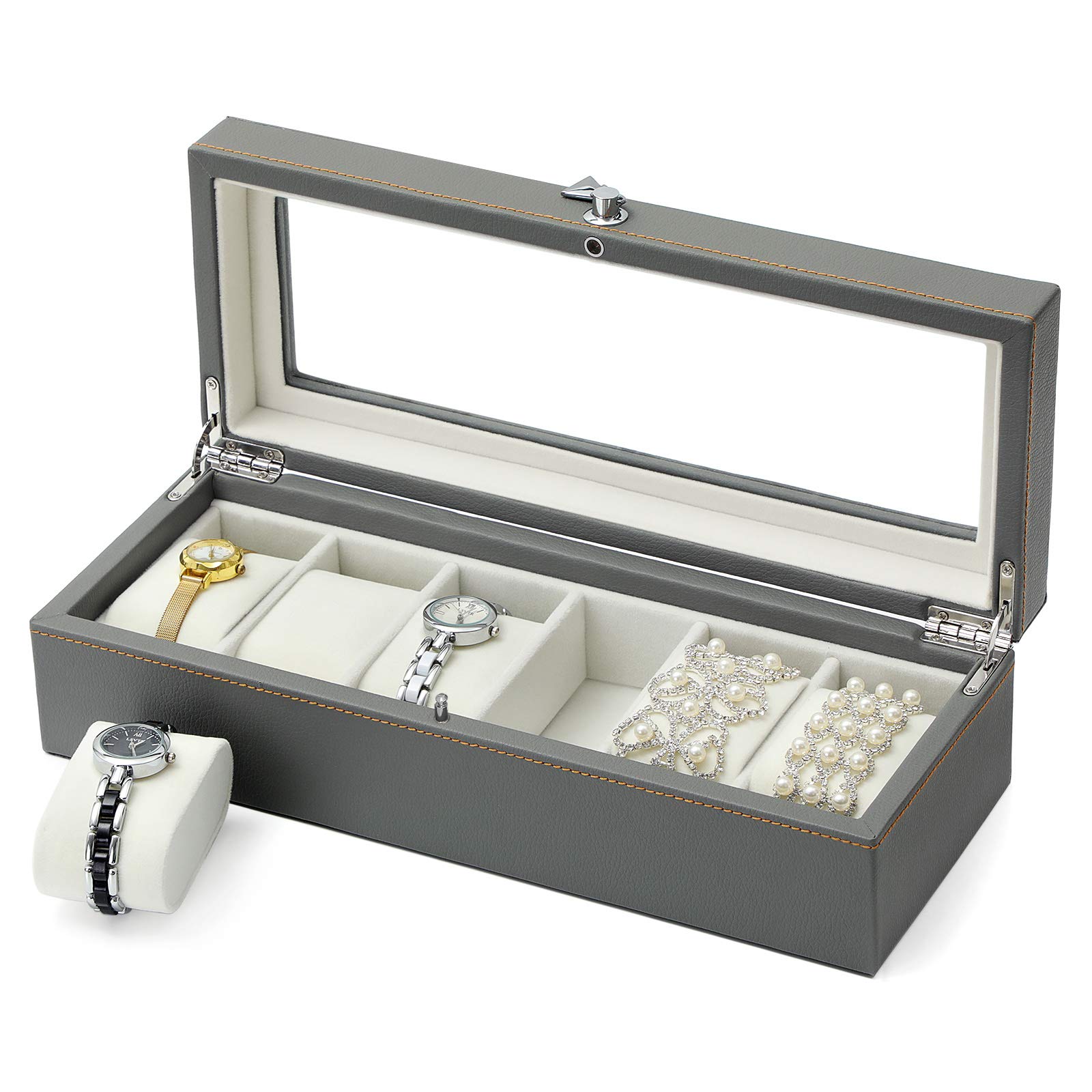 songmics-uhrenbox-jwb013gy-grau-uhrenkasten-mit-glasdeckel-f-r-6-uhren image 3
