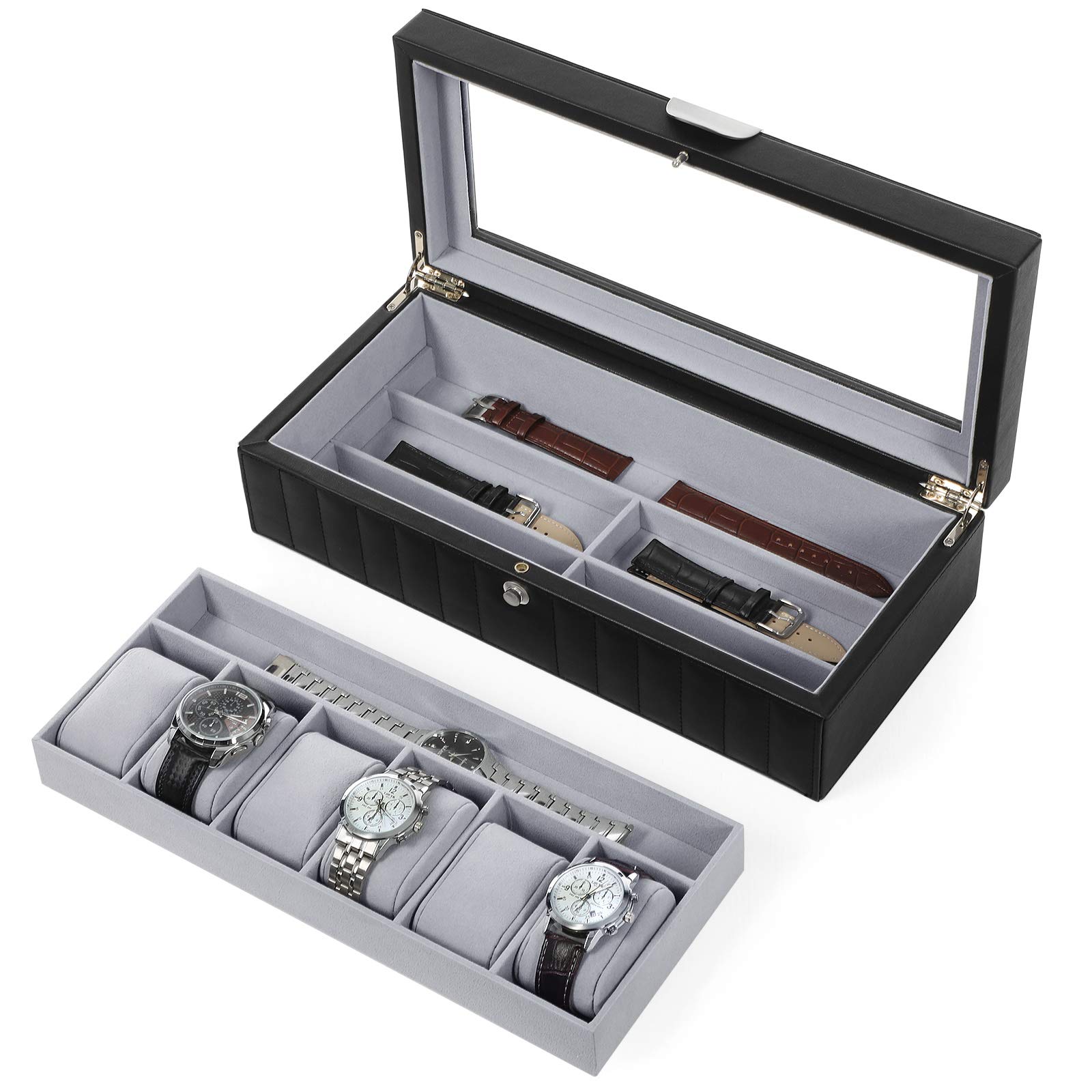 songmics-uhrenbox-f-r-6-uhren-2-ebenen-mit-glasdeckel-schwarz-jwb022bk image 4