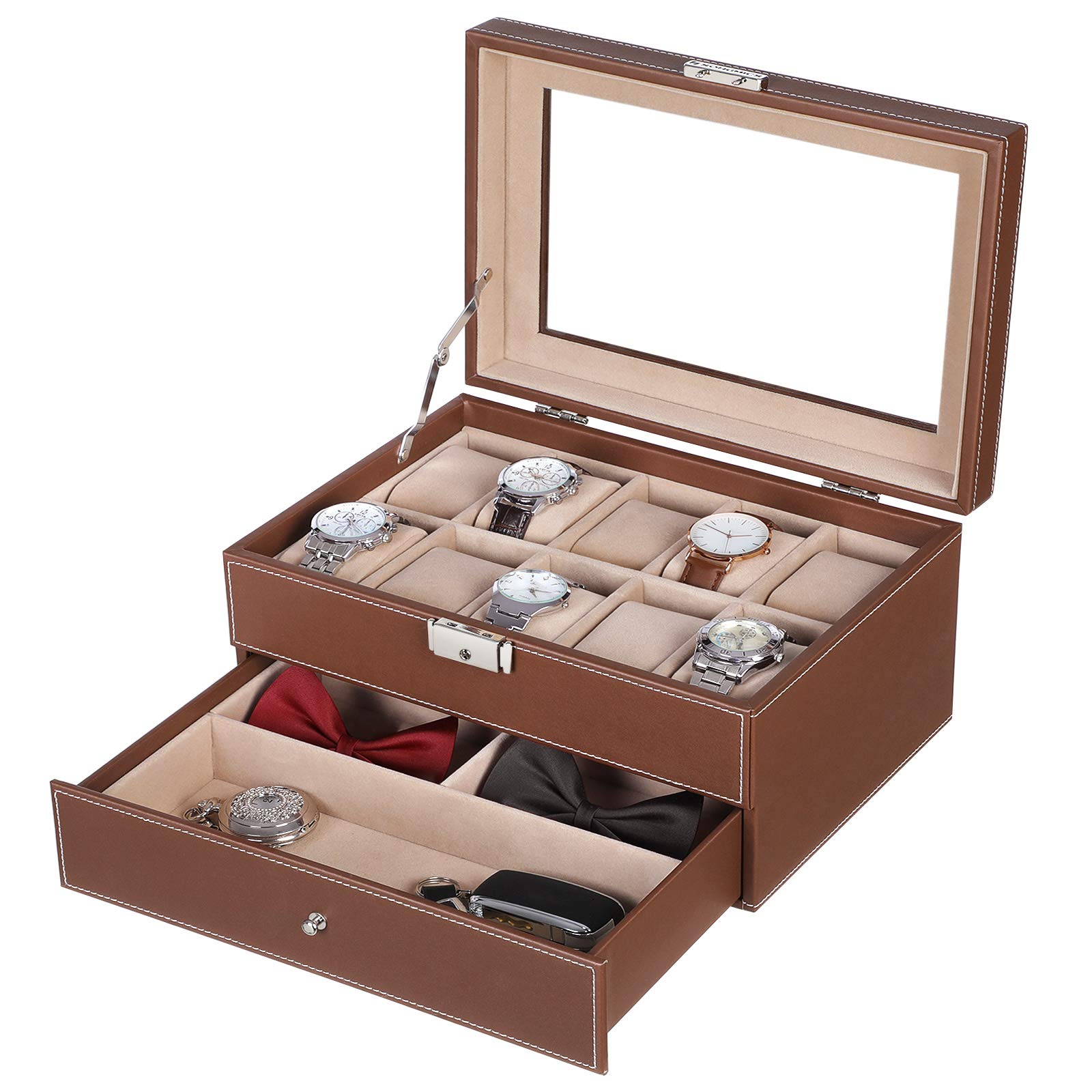 songmics-uhrenbox-f-r-10-uhren-mit-glasdeckel-und-schublade-braun-jwb007 image 4