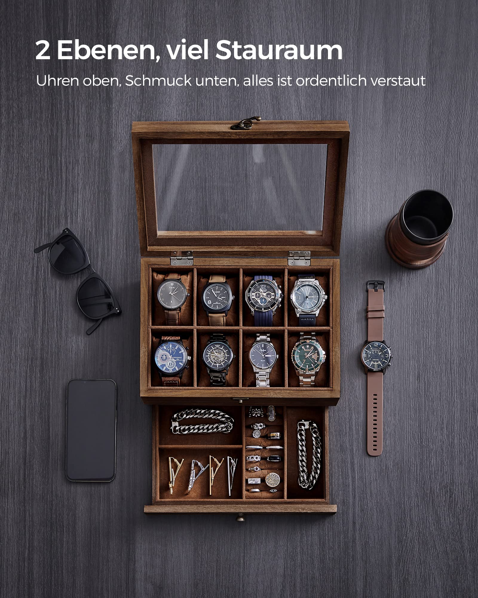songmics-uhrenbox-gisella-jow008k01-walnussfarben-8-f-cher-mit-glasdeckel image 3