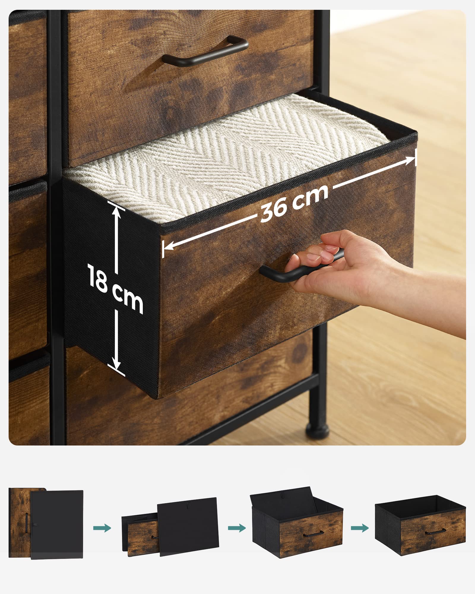 songmics-kommode-schubladenschrank-8-stoffschubladen-vintagebraun-schwarz image 6