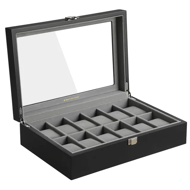 songmics-uhrenbox-12-f-cher-holz-schwarz-jow12bk-mit-glasdeckel image 1