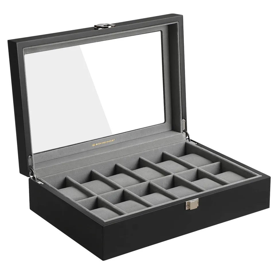songmics-uhrenbox-12-f-cher-holz-schwarz-jow12bk-mit-glasdeckel image 1