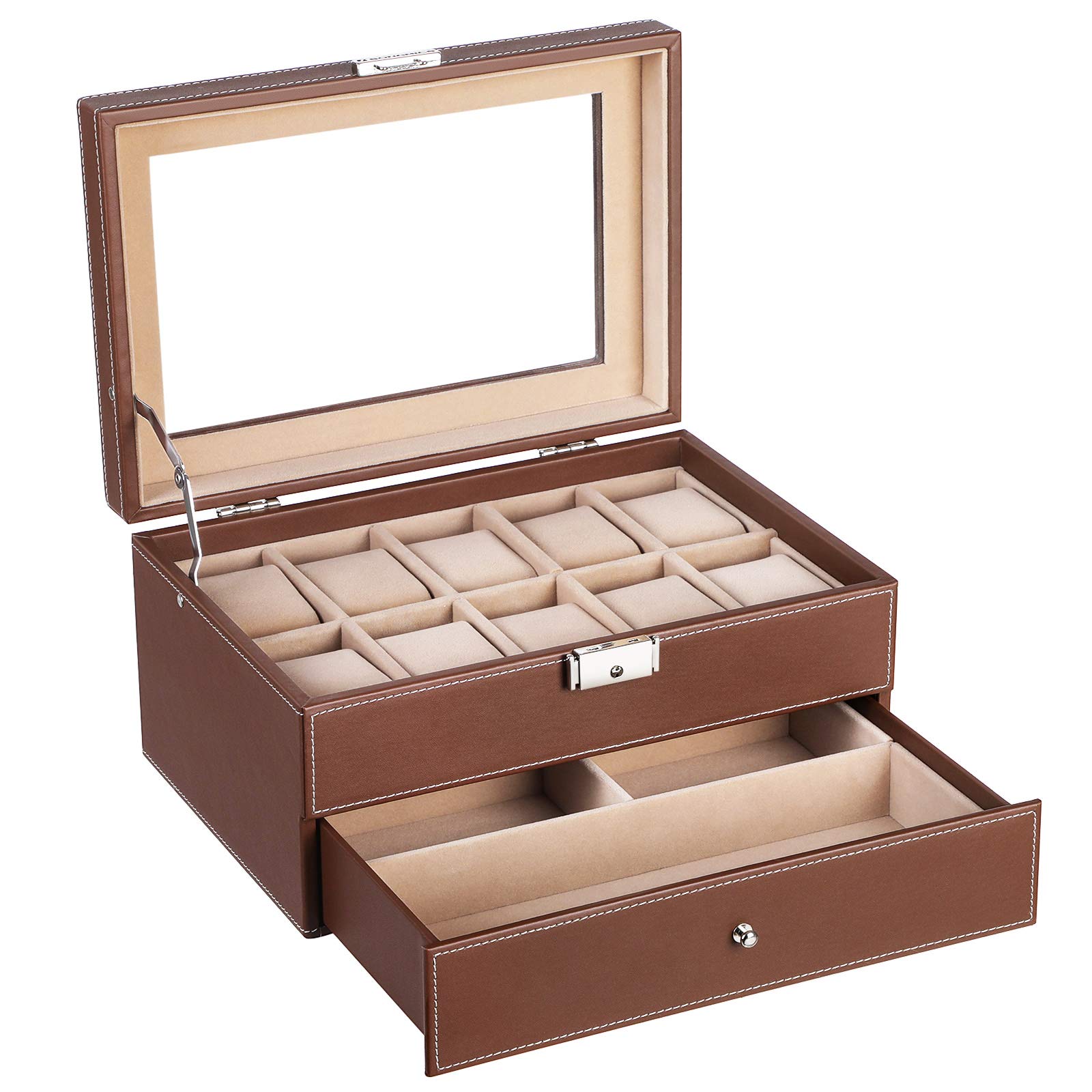songmics-uhrenbox-f-r-10-uhren-mit-glasdeckel-und-schublade-braun-jwb007 image 1