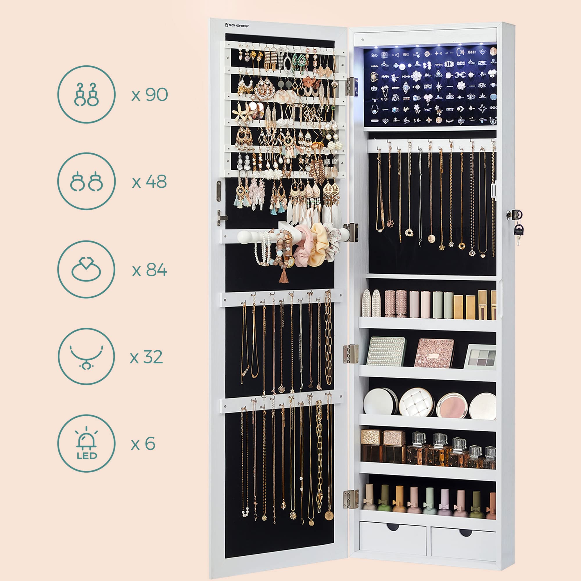songmics-schmuckschrank-h-ngend-mit-wandspiegel-und-6-leds-wei image 5
