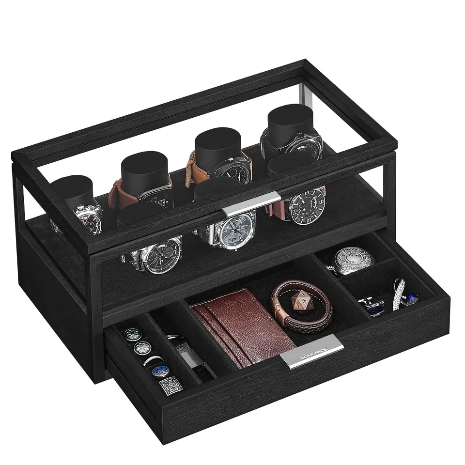 songmics-uhrenbox-jow007b01-2-ebenen-f-r-7-uhren-mit-acryl-deckel-und-schublade- image 1