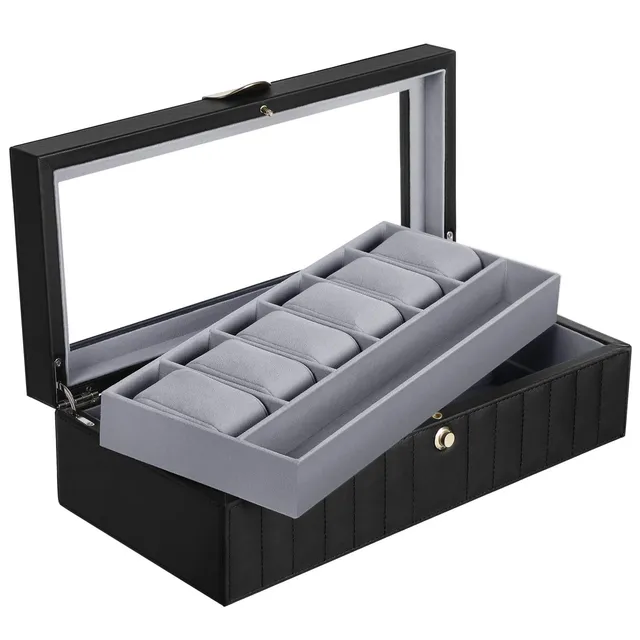 songmics-uhrenbox-f-r-6-uhren-2-ebenen-mit-glasdeckel-schwarz-jwb022bk image 1