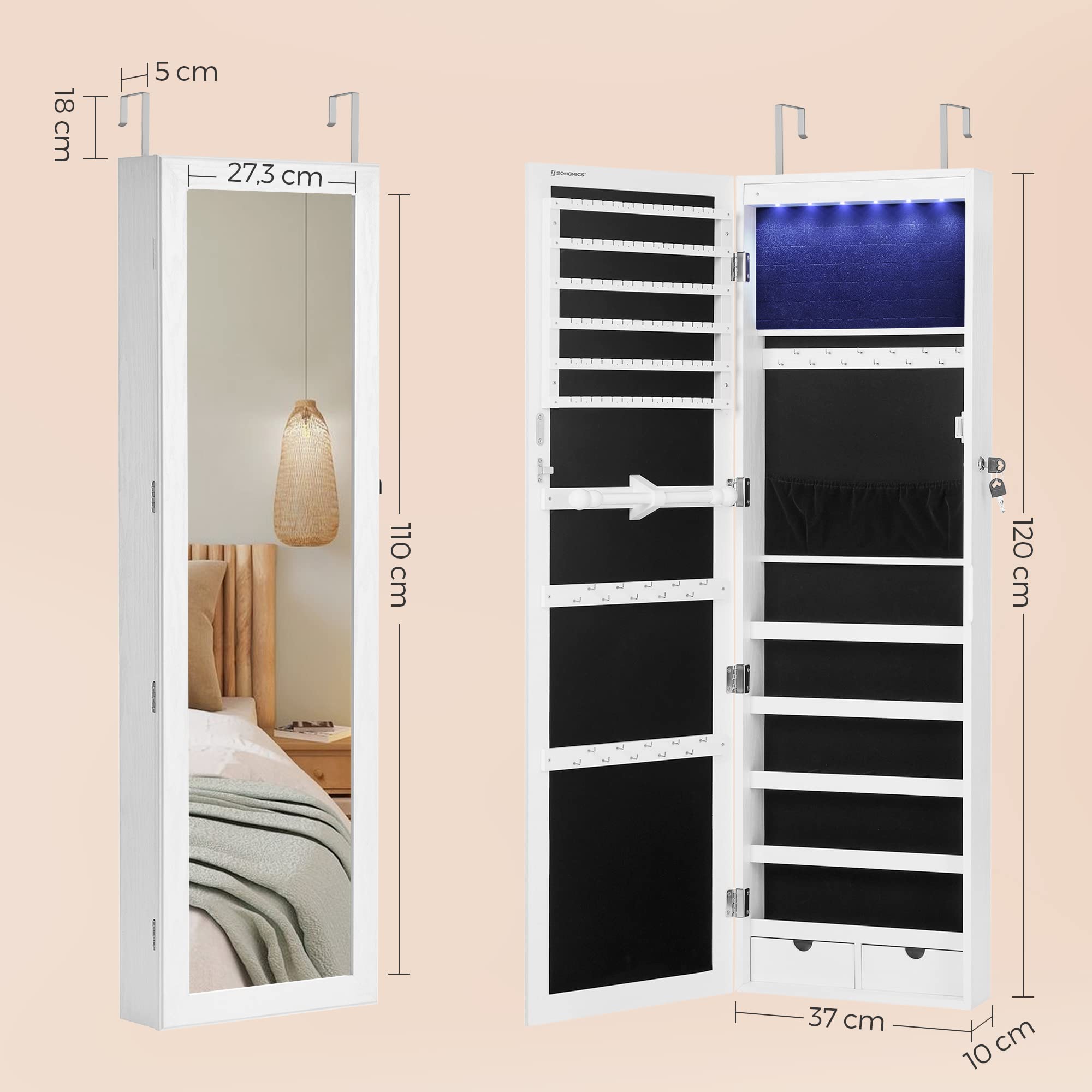 songmics-schmuckschrank-h-ngend-mit-wandspiegel-und-6-leds-wei image 6
