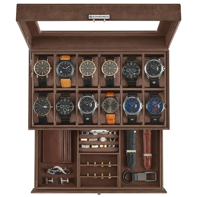 songmics-uhrenbox-12-uhren-mit-glasdeckel-braun-jwb012k01 image 1