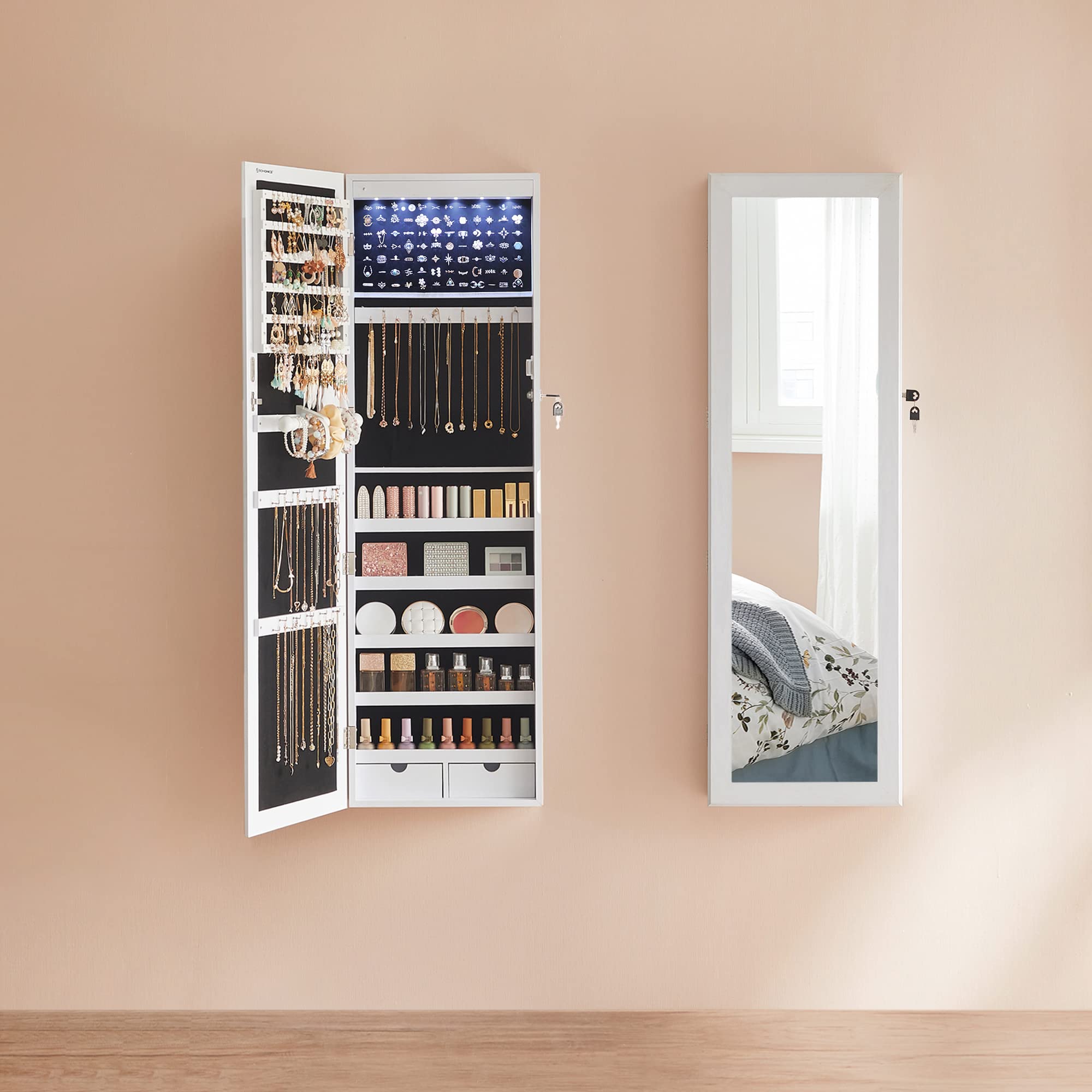 songmics-schmuckschrank-h-ngend-mit-wandspiegel-und-6-leds-wei image 3