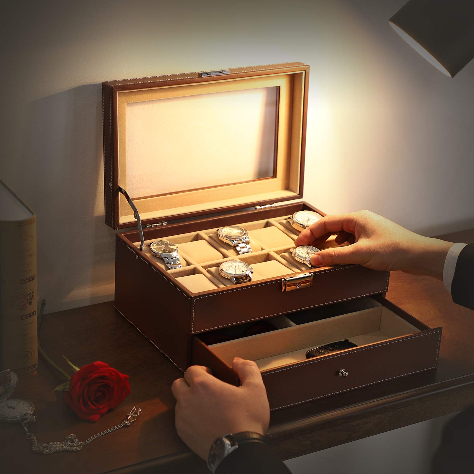 songmics-uhrenbox-f-r-10-uhren-mit-glasdeckel-und-schublade-braun-jwb007 image 2