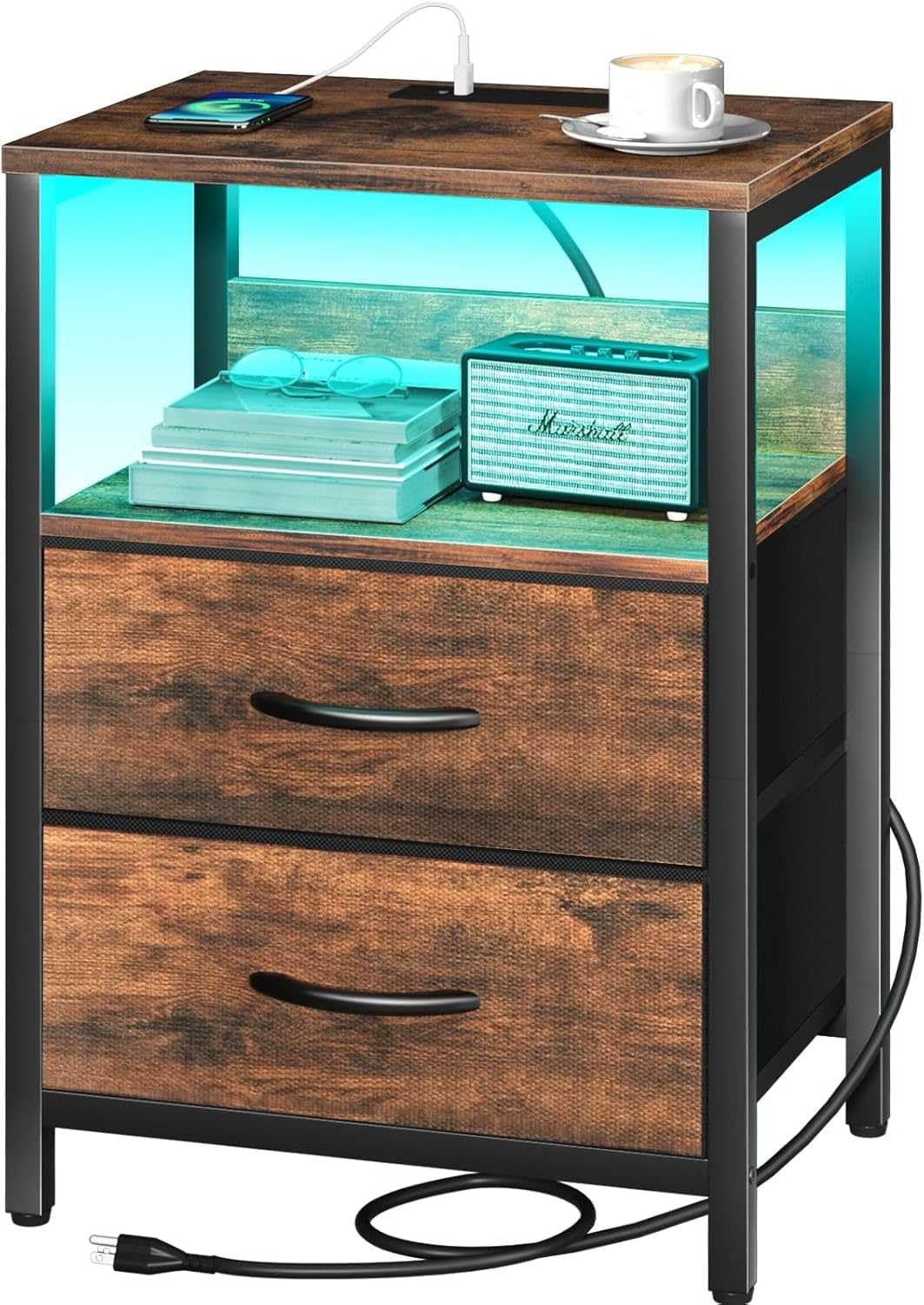songmics-nachttisch-mit-steckdose-und-led-vintagebraun-schwarz image 1