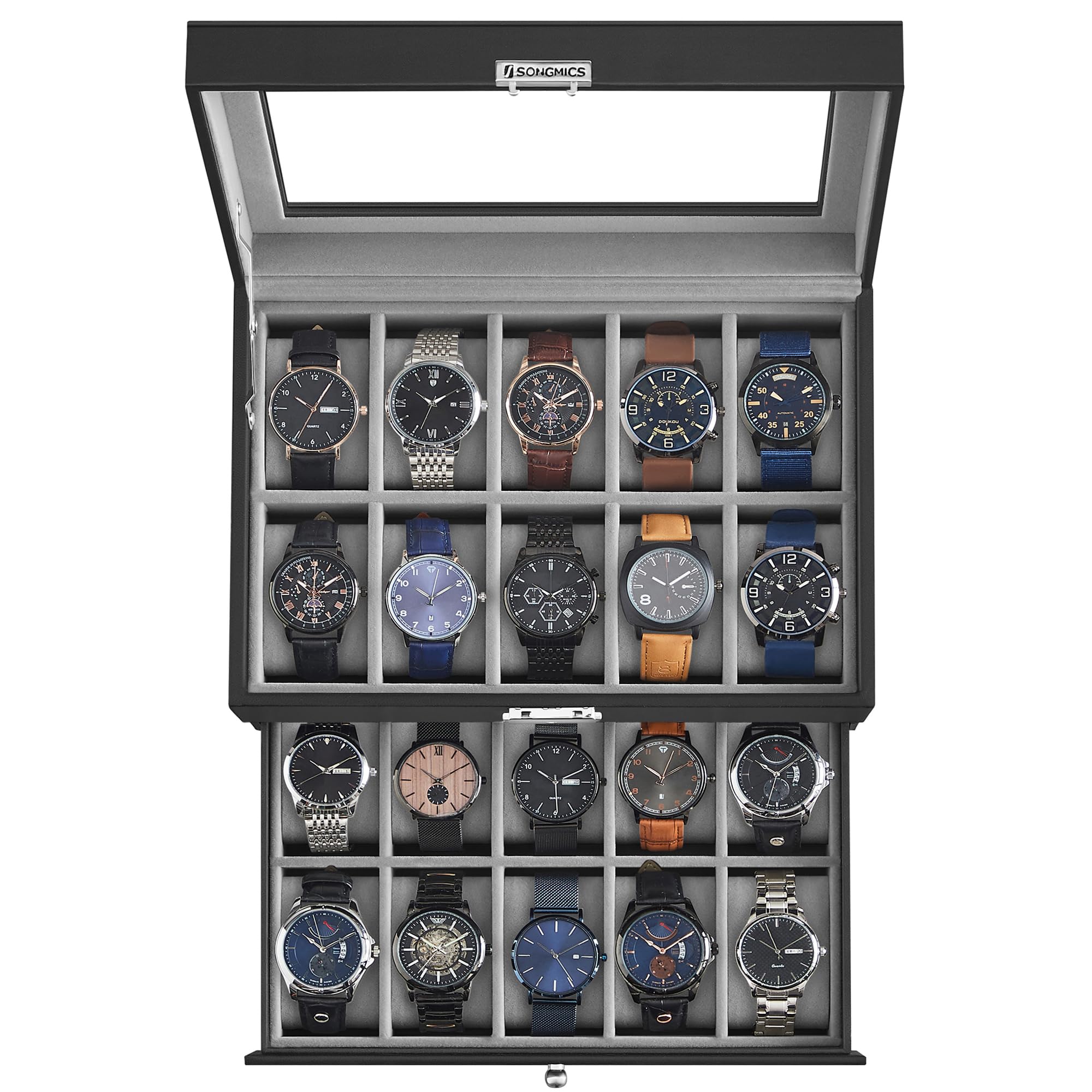 songmics-jwb020-uhrenbox-20-f-cher-2-ebenen-glasdeckel-schwarz image 1