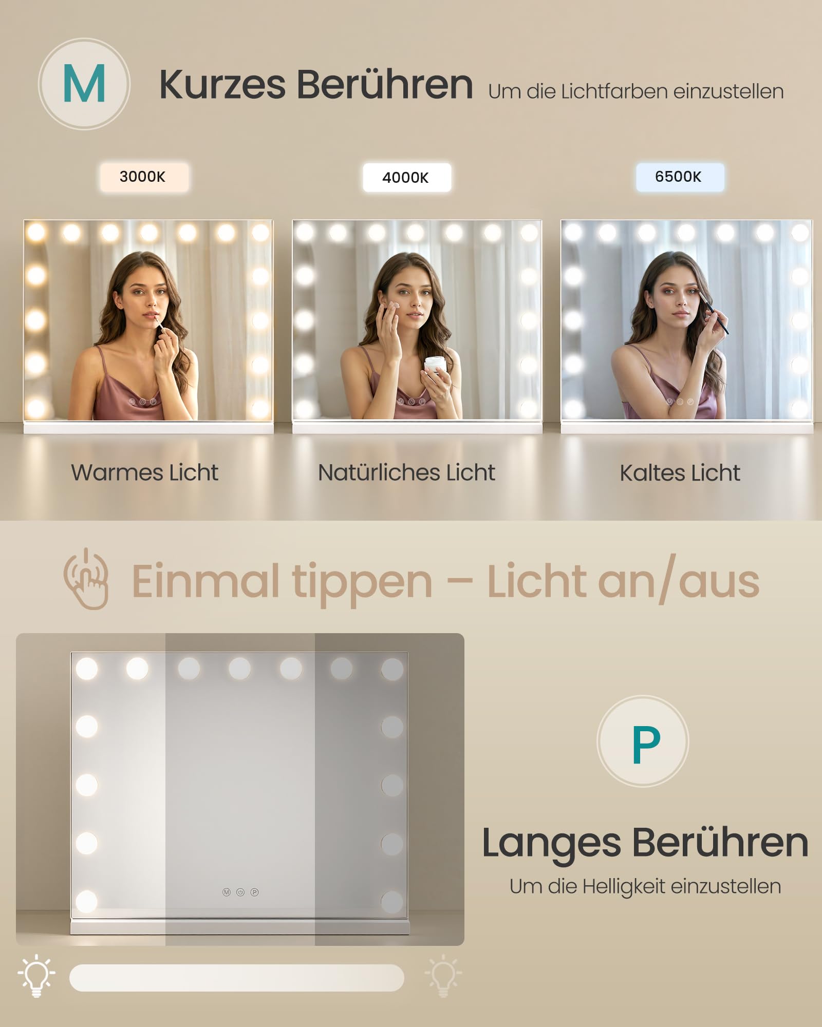 songmics-hollywood-schminkspiegel-mit-beleuchtung-15-leds-kosmetikspiegel-mattwe image 3