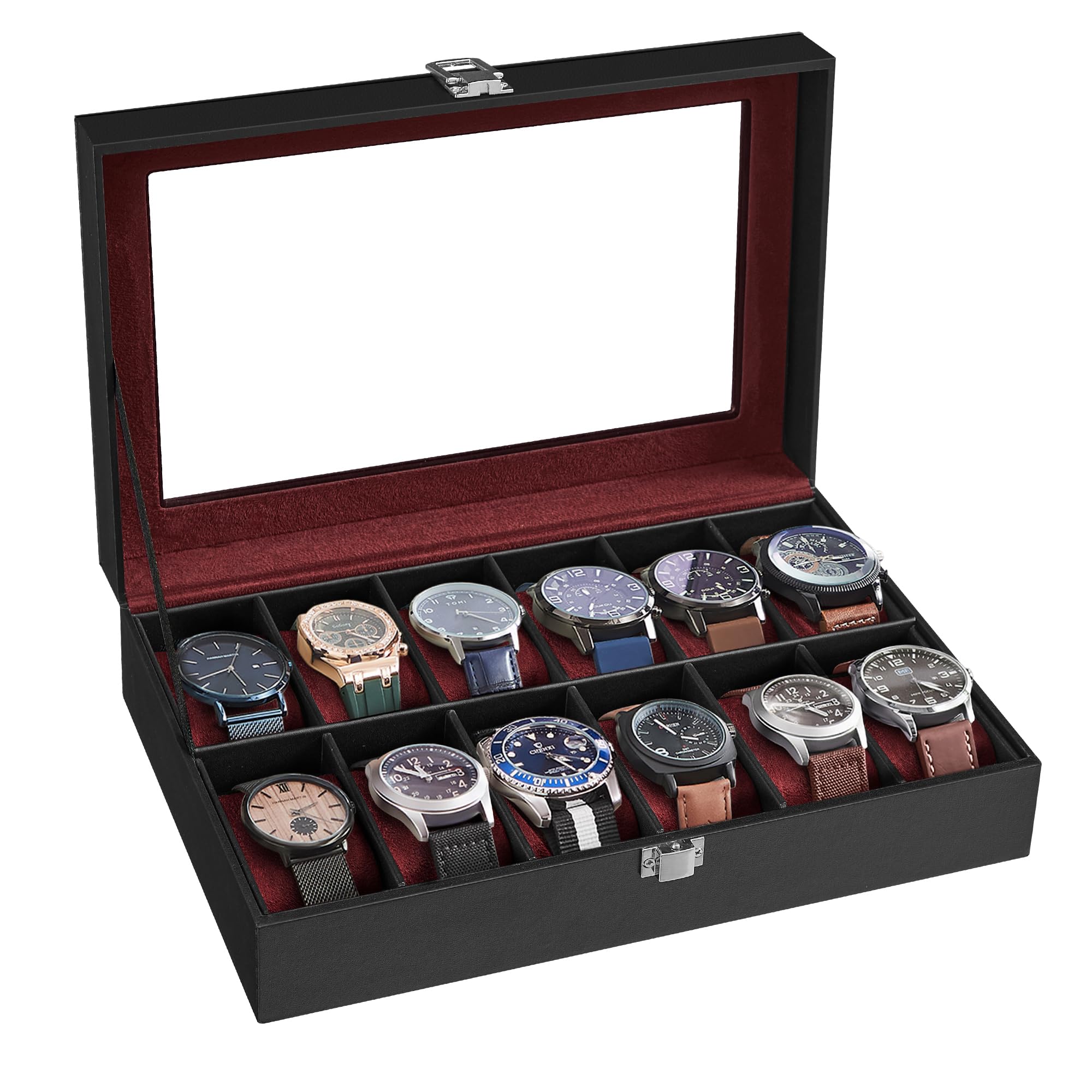 songmics-uhrenbox-jwb12b-mit-12-f-chern-und-glasdeckel-schwarz image 8
