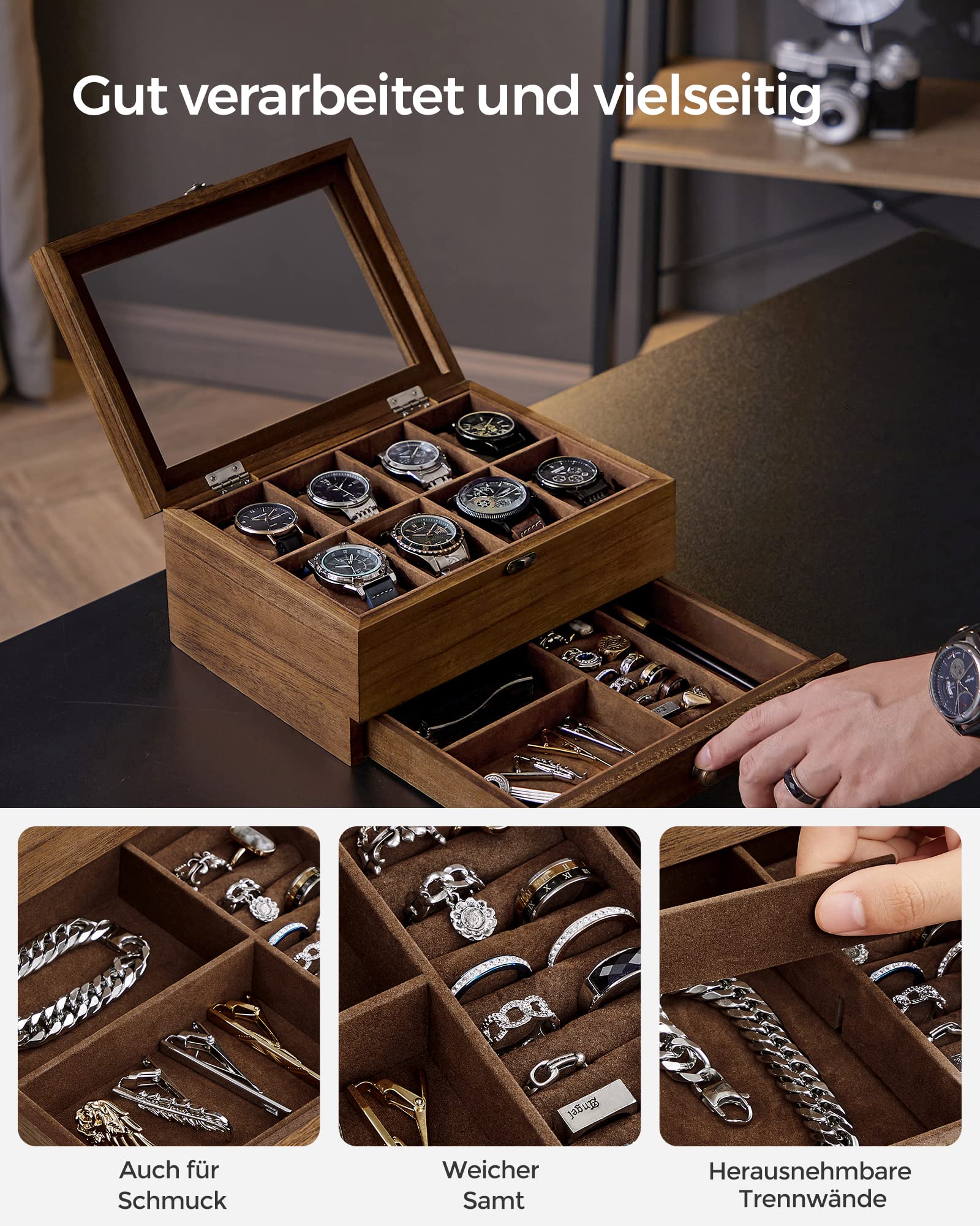 songmics-uhrenbox-gisella-jow008k01-walnussfarben-8-f-cher-mit-glasdeckel image 4