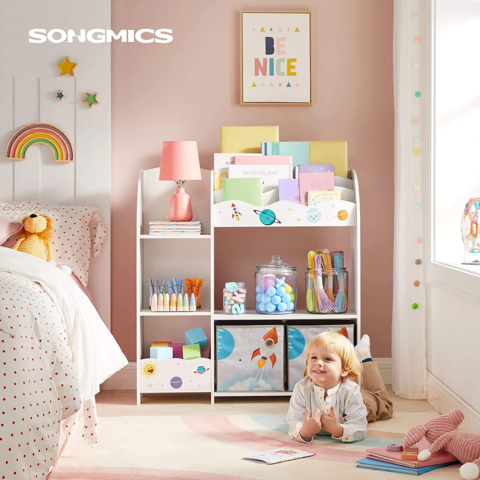 songmics-kinder-b-cherregal-spielzeugregal-mit-2-stoffboxen-wei image 2