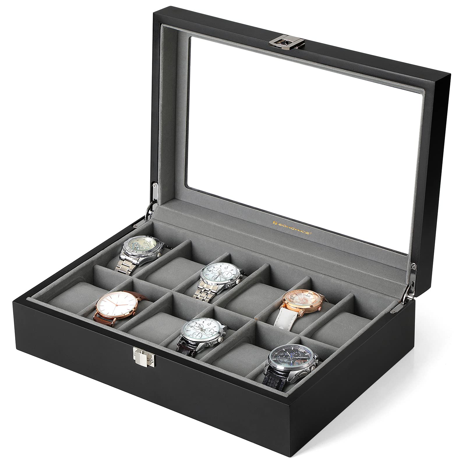 songmics-uhrenbox-12-f-cher-holz-schwarz-jow12bk-mit-glasdeckel image 8