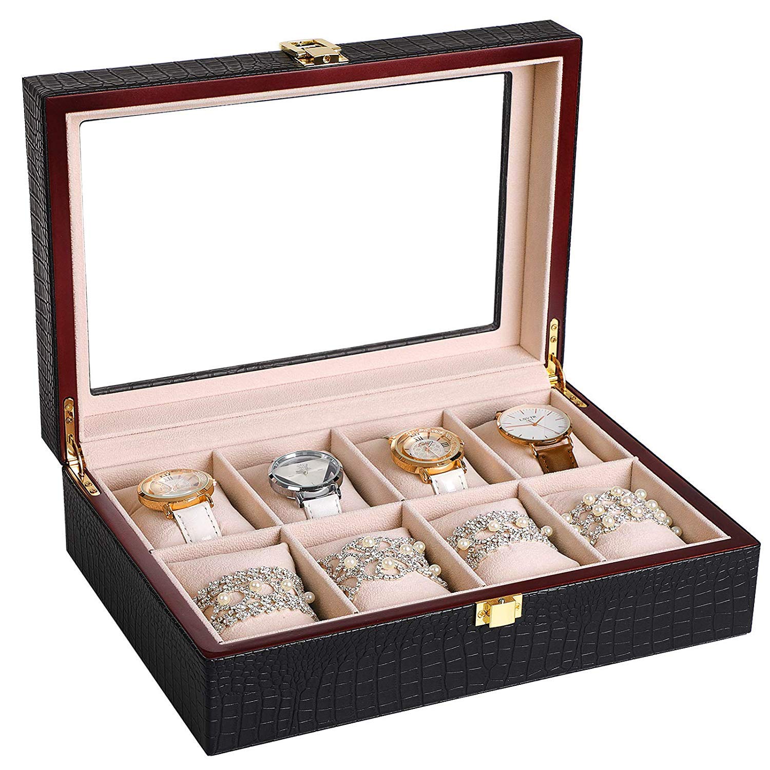 songmics-uhrenbox-jwb08b-schwarz-glasdeckel-uhrenkoffer-f-r-8-uhren image 2