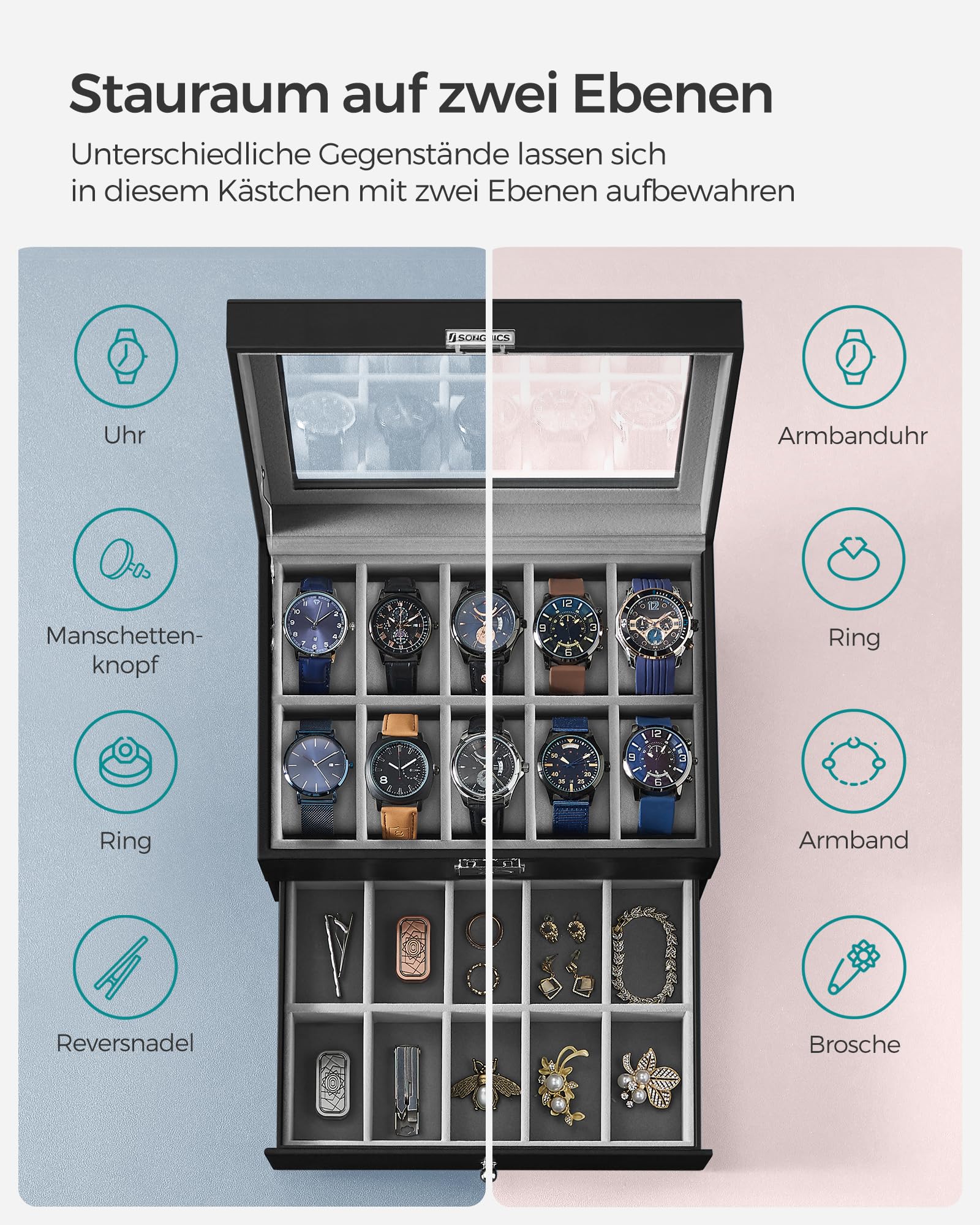 songmics-jwb020-uhrenbox-20-f-cher-2-ebenen-glasdeckel-schwarz image 3