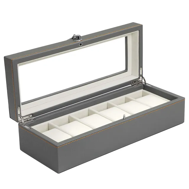 songmics-uhrenbox-jwb013gy-grau-uhrenkasten-mit-glasdeckel-f-r-6-uhren image 1