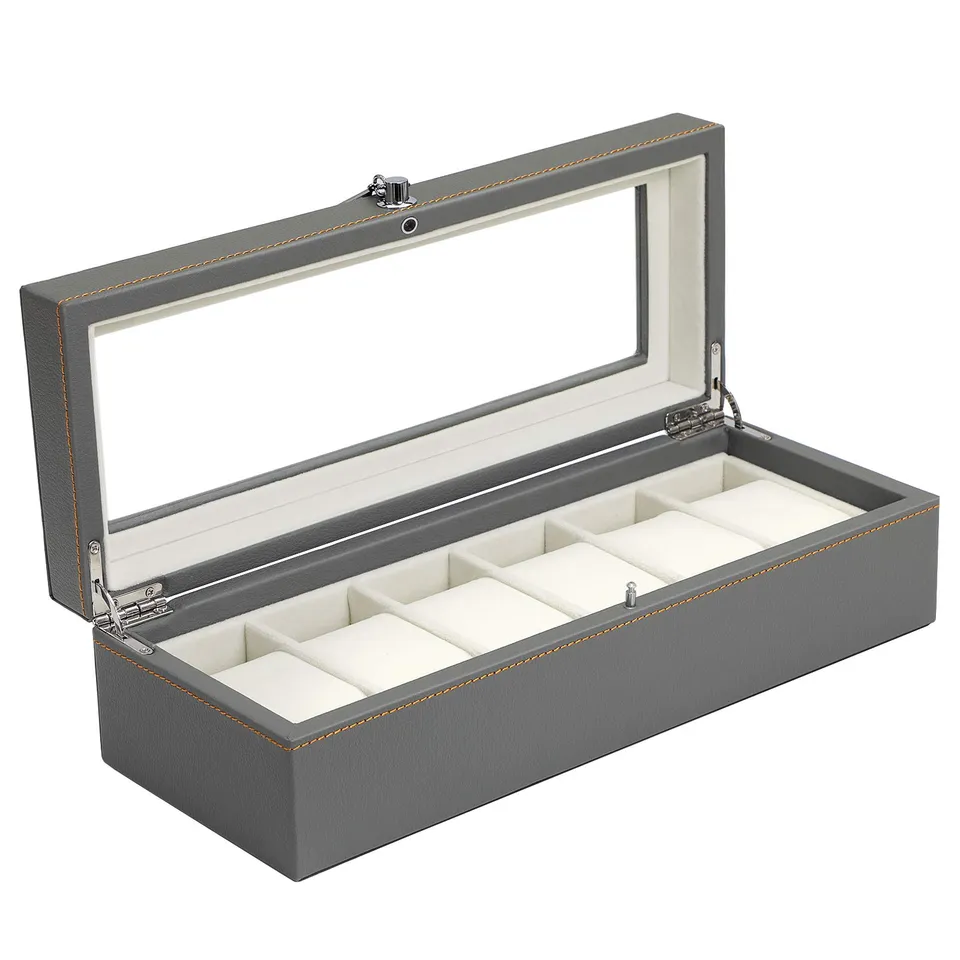 songmics-uhrenbox-jwb013gy-grau-uhrenkasten-mit-glasdeckel-f-r-6-uhren image 1