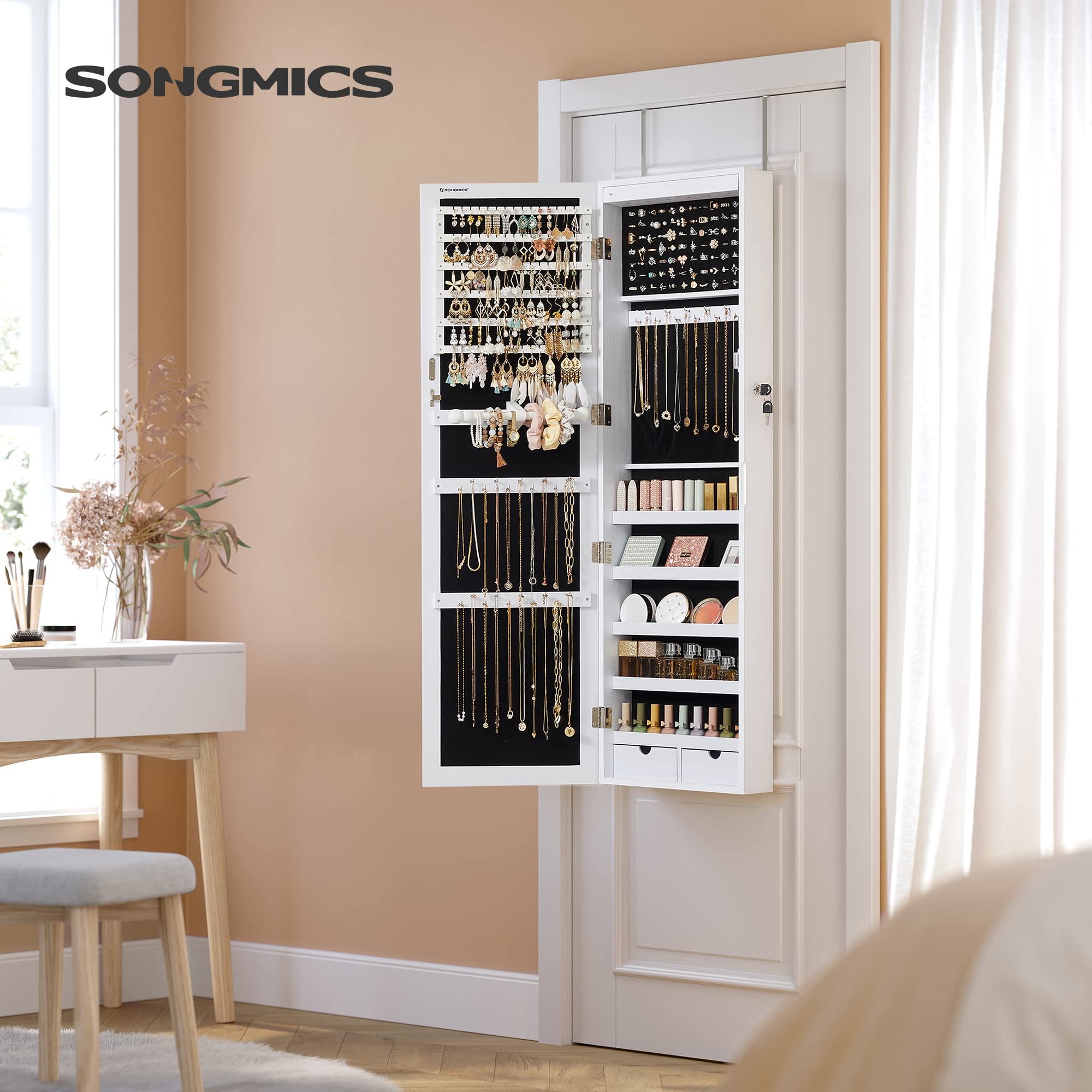 songmics-schmuckschrank-h-ngend-mit-wandspiegel-und-6-leds-wei image 2