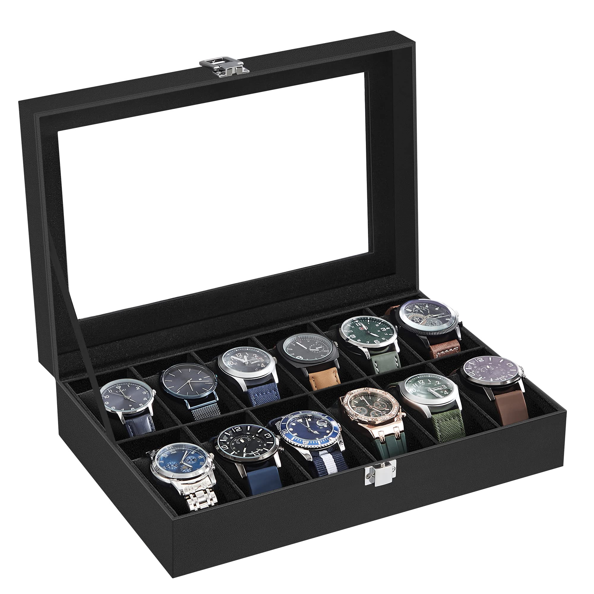 songmics-uhrenbox-jwb12b-mit-12-f-chern-und-glasdeckel-schwarz image 1