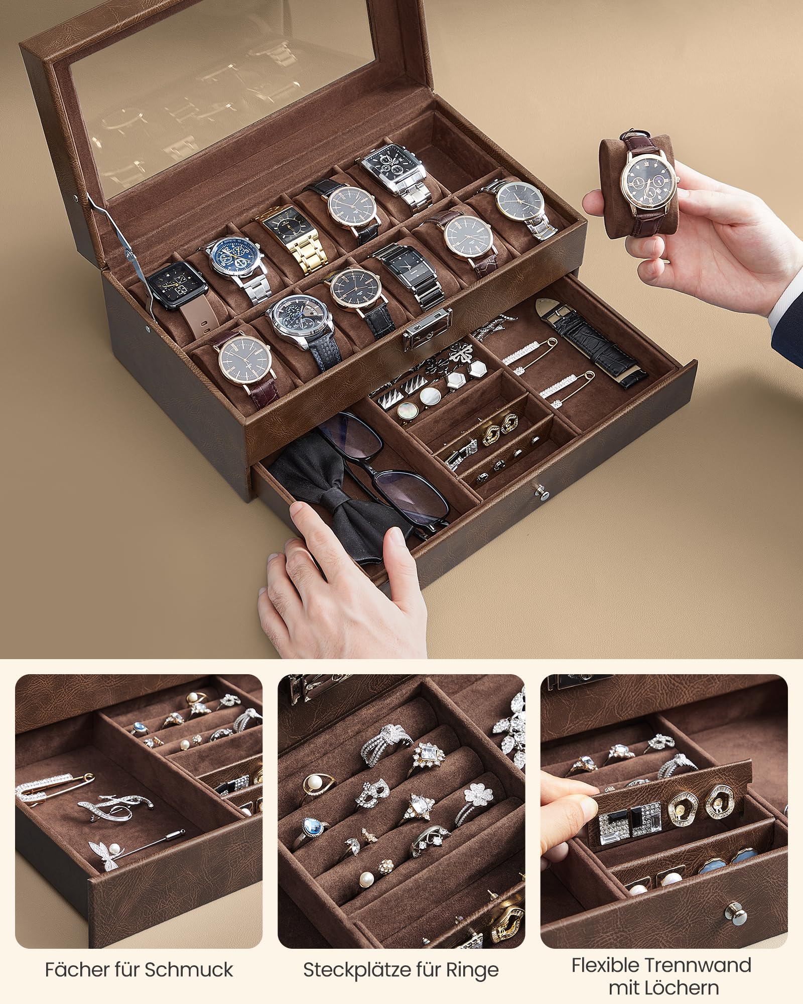 songmics-uhrenbox-12-uhren-mit-glasdeckel-braun-jwb012k01 image 5