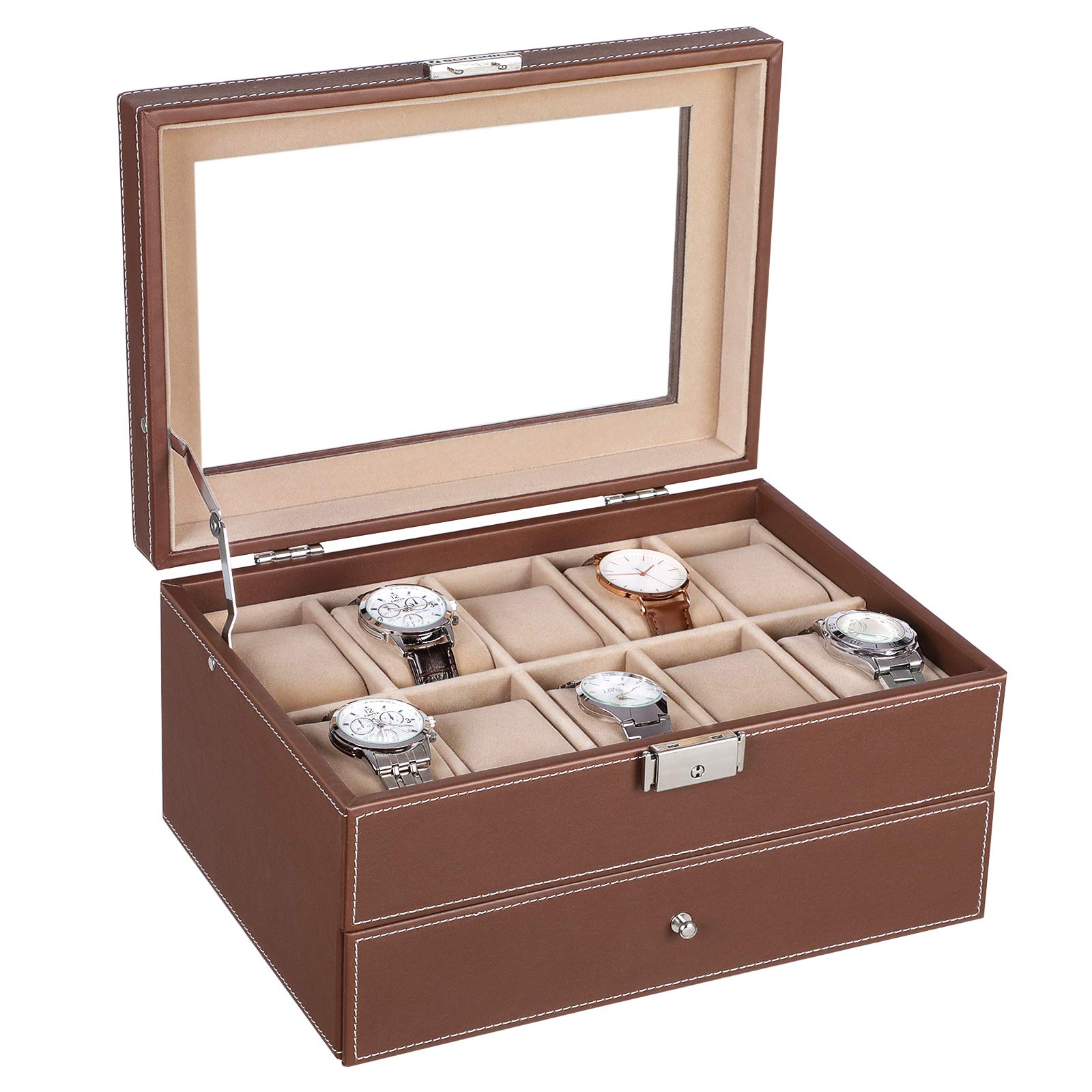 songmics-uhrenbox-f-r-10-uhren-mit-glasdeckel-und-schublade-braun-jwb007 image 3